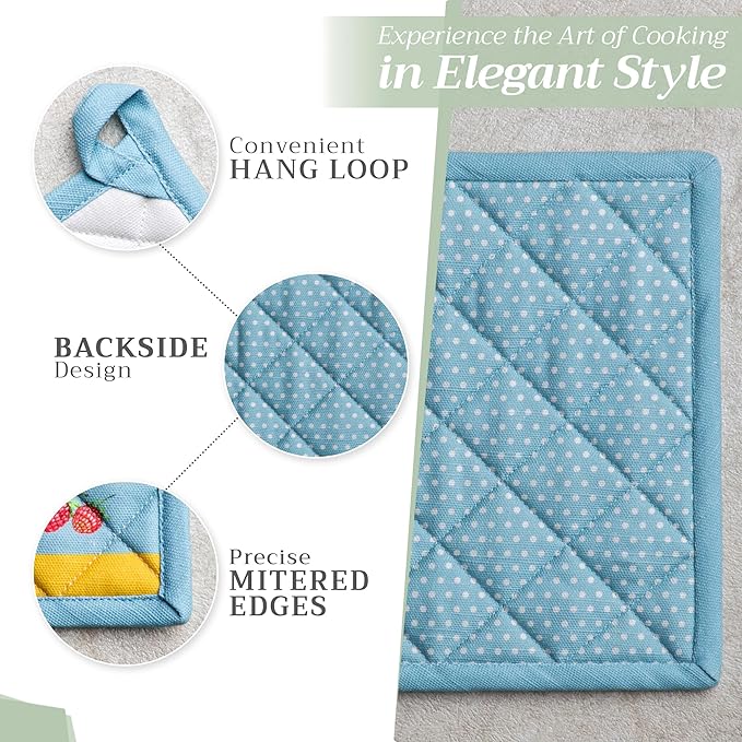 Maison d' Hermine Pot Holders Set 100% Cotton Heat Resistant Potholders 8" x 8" Hot Pads with Loop BBQ, Cooking, Baking, Grilling, Kitchen, Handling Hot Pans Spring/Summer (Pack of 2, Giverny)