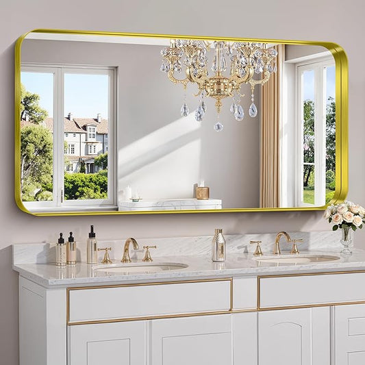 FORBATH 60x30 Inch Large Bathroom Mirror for Double Sinks, Brushed Gold Deep Frame Wall Mirror with Rounded Corners, Anti-Rust Tempered Glass for Modern Farmhouse Vanity (Horizontal/Vertical)