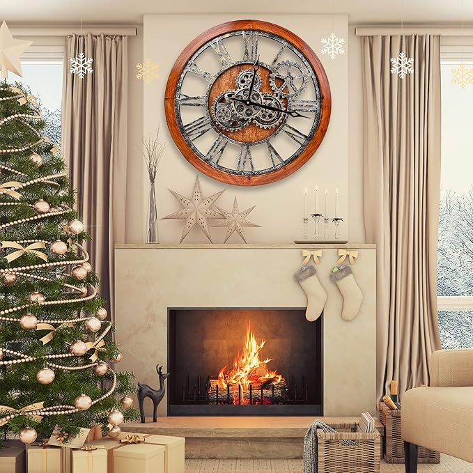 The B-Style Large Wall Clock 24 inch Moving Gear Wall Clock Oversized Vintage Farmhouse Wall Clocks for Living Room Decor Rustic Industrial Wood Clock (Brown and Bronze)