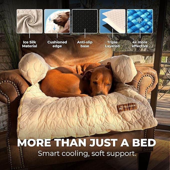 Pelsbarn Cooling Dog Bed - Ice Silk Summer Comfort, Self Cooling, Non-Slip Dog Cover, Durable & Washable, Bed for Medium to Large Dogs 34" x 34", Support Shelter Dogs with Every Purchase (Beige)