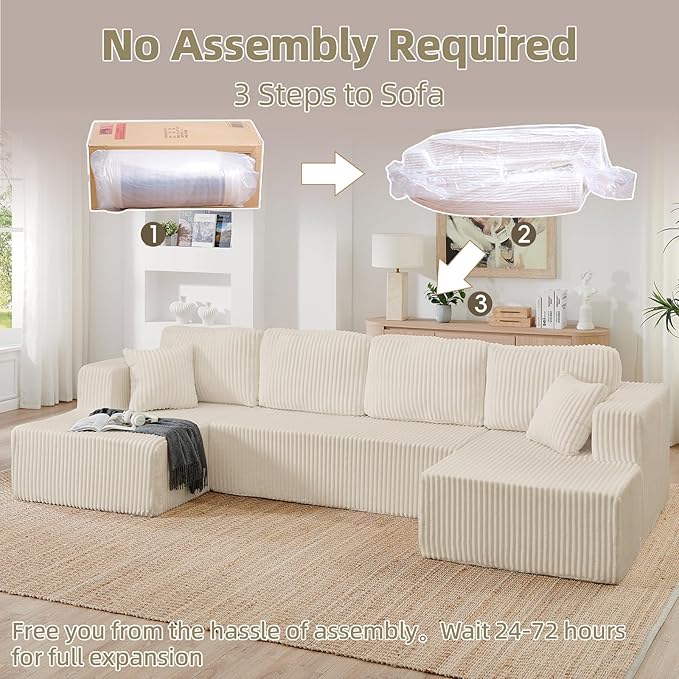 134 Inch Cloud Sectional Couch with L-Shape Chaise,Modern Upholstered Couches with Deep Seat,Corduroy Sponge Compressed Sofa for Living Room,No Assembly Required (Off White, U-Shaped Sofa)
