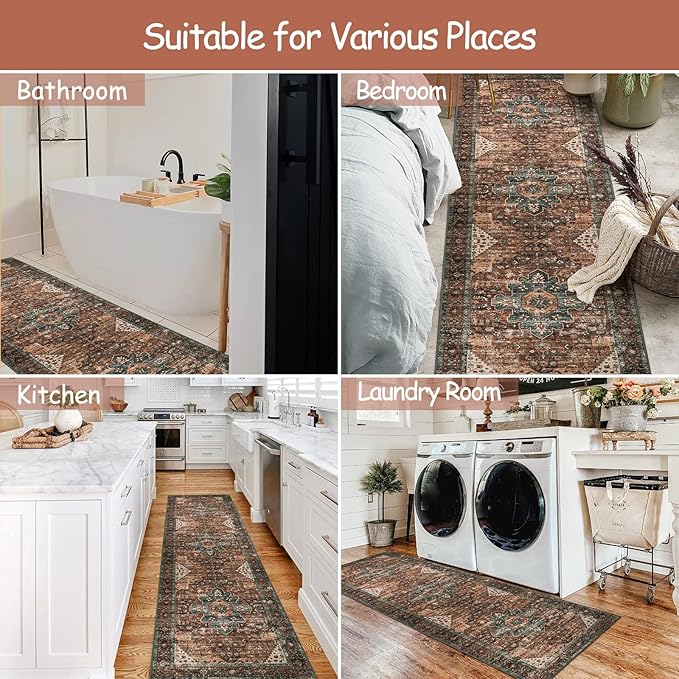 Moynesa Ultra-Thin Washable Runner Rug - 2x7 Kitchen Runner Stain Resistant Hallway Mat, Non-Slip Non-Shedding Bathroom Laundry Carpet Runner for Front Door Bedside Camper, Brick Red/Dull Teal