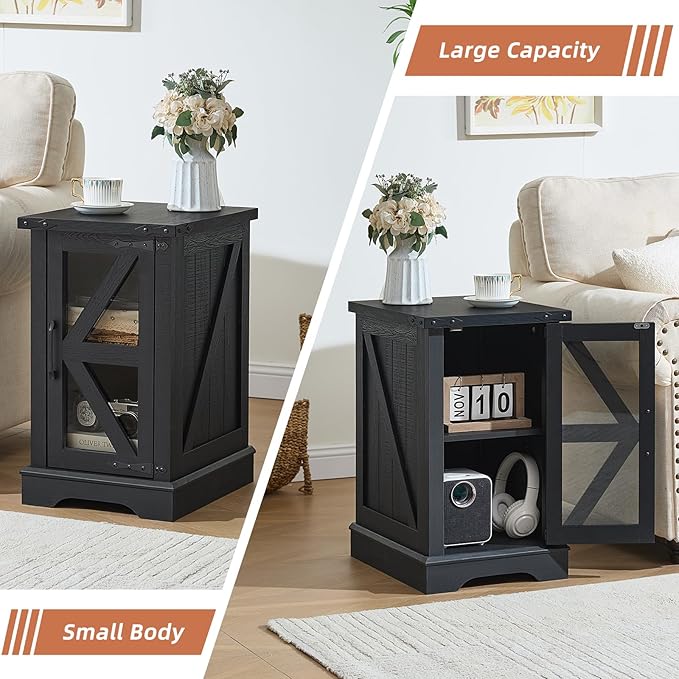 Farmhouse Coffee Table Sets 2 Pieces, Narrow Night Stand with Glass Barn Door Storage, Large Coffee Tables with Hidden Storage Organizer, Wood Furniture Sets for Living Room, Office, Black