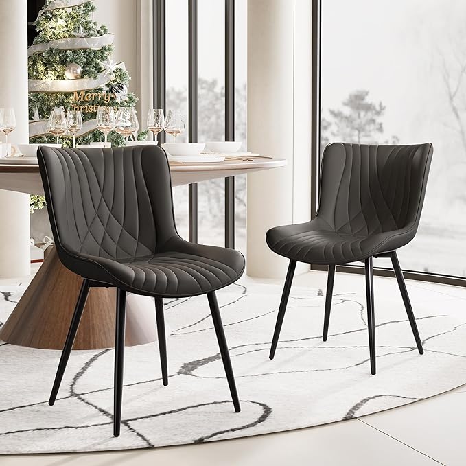 YOUTASTE Black Dining Chairs Set of 2 Upholstered Mid Century Modern Kitchen Dining Room Chairs Armless Faux Leather Accent Chairs Metal Vanity Lounge Chair with Back for Living Room Bedrooms
