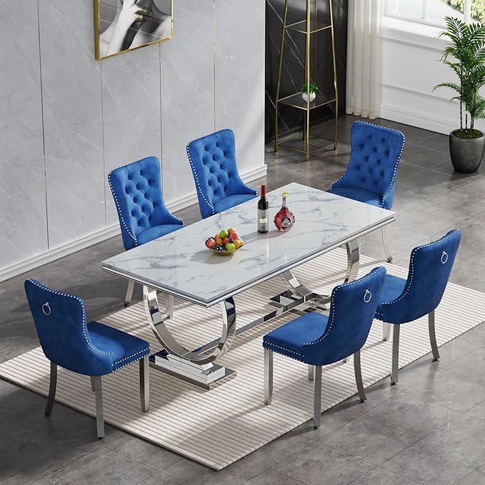 Goujxcy 7 Piece Marble Dining Table Set for 6, Luxury White Marble Silver Kitchen Table with 6 Blue Velvet Upholstered Chairs, Modern 6 Person Dining Room Table Set for Kicken Dining Office Room