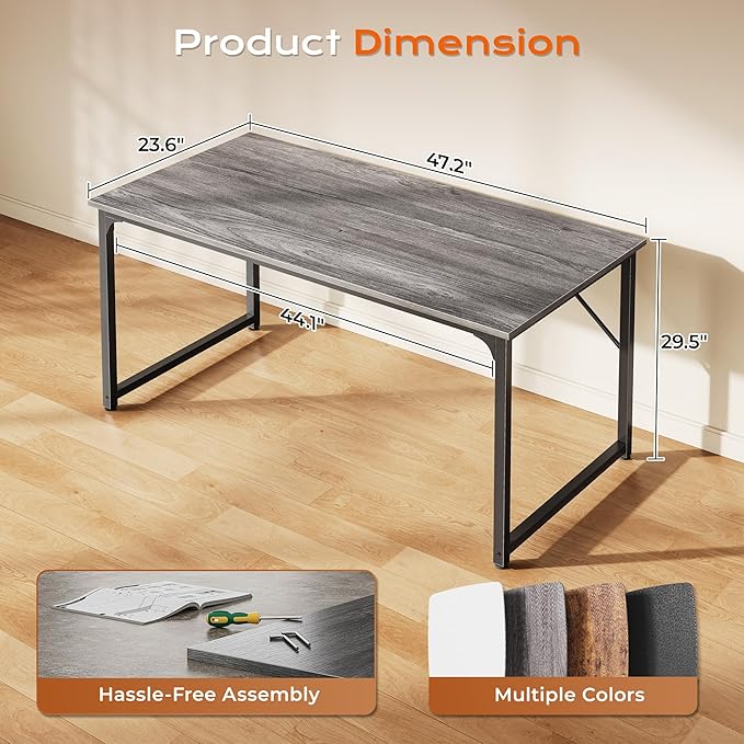 PRAISUN 48 X 24 Inch Computer Desk with Deeper Desktop, Gaming Office Writing Work Desk for Home Office, Study, Bedroom, Work from Home, Metal Frame, Grey