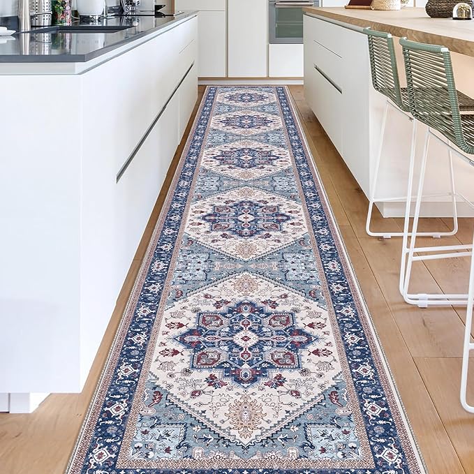 OPPODREAM Thin Entryway Rug 2x12, 2x12 Rug Runner, Washable Hallways Carpet 2 x 12 with Non Slip Backing, Low-Pile Bedside Carpet 2 x 12, Long, Faux Cashmere, Navy Blue & Red & Cream