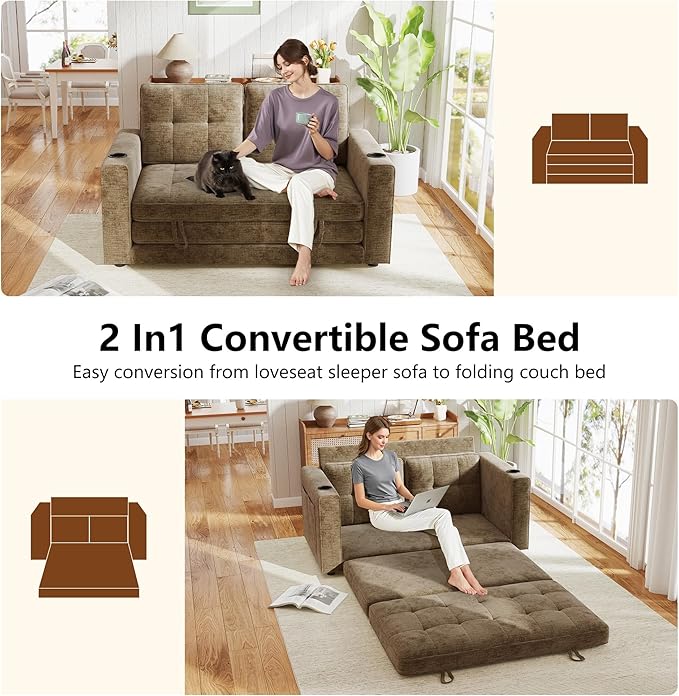 WorthFurni Convertible Sofa Bed, Folding Sofa Bed 2 in1 Pull Out Loveseat Sleeper Sofa, Floor Sofa Bed for Small Spaces Folding Couch Bed with Pillows for Living Room Bedroom - Brown