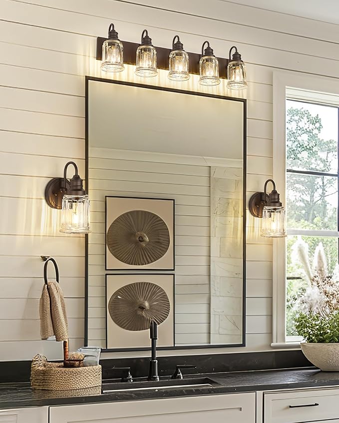 5 Light Bathroom Vanity Light - HWH Farmhouse Vanity Lights for Bathroom Wall Light Fixtures Over Mirror Oil-Rubbed Bronze, Bell-Shaped Fluted Clear Glass, 5HZG106B-5W ORB