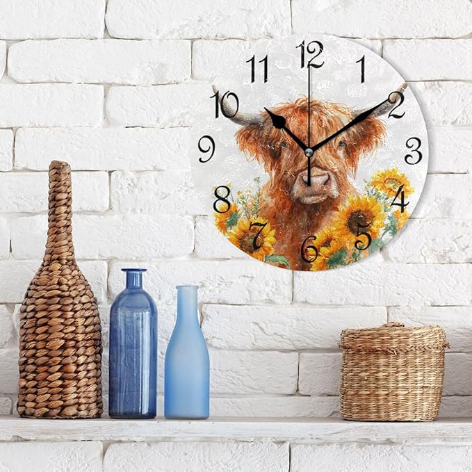 Wall Clock Yak and Sunflower Oil Painting Silent Non-Ticking Decorative Round Wall Clocks Battery Operated for Office Home Living Room Kitchen Bedroom 10 Inch