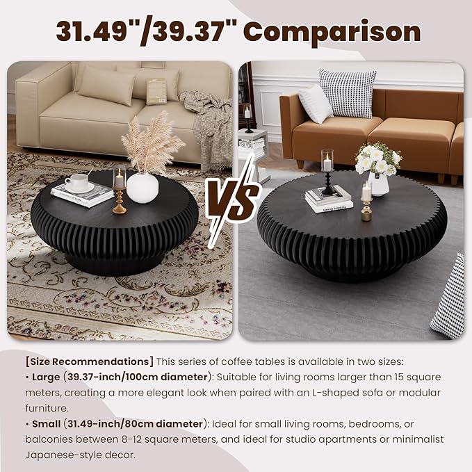 Round Drum Coffee Table for Living Room, Mid Century Modern Coffee Table with Sturdy Pedestal, Farmhouse Fluted Circle Center Table Accent Tea Table for Apartment (31.5" Black)