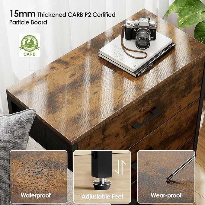 Nightstand, End Table, Bedside Table, Small Tall Dresser for Bedroom with 3 Storage Drawer, Chest of Drawers Fabric Dressers with Steel Frame, Wooden Top & Front for Living Room