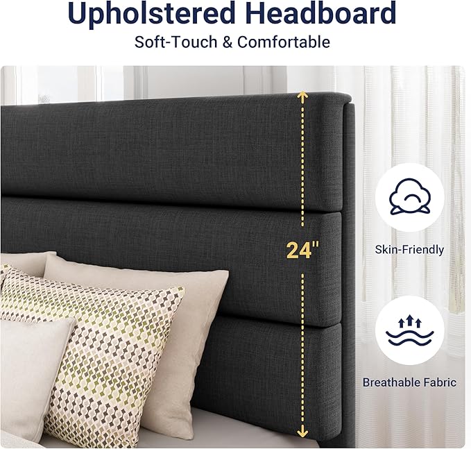 Allewie Twin Size Platform Bed Frame with Fabric Upholstered Headboard and Wooden Slats Support, Fully Upholstered Mattress Foundation/No Box Spring Needed/Easy Assembly, Dark Grey