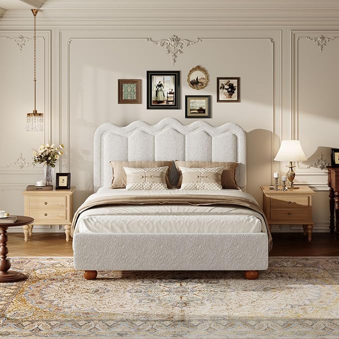 Queen Size Bed Frame with Headboard, Boucle Bed Frame, Soft Upholstered Platform Cloud Bedframe with Footboard, Solid Wood Legs, Solid Wooden Slats Support, No Box Spring Required, Easy Assembly