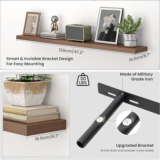 Heimlove 48 Inch Floating Shelves for Wall,Extra Long Wood Shelves Mounted Storage Hanging Shelf Invisible Bracket for Bedroom,Living Room,Kitchen,Office,Set of 2,Walnut Color
