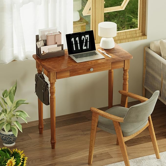 32 Inch Mid Century Modern Desk - Rubber Wood Desk with Drawers, Vintage Narrow Desks with 2 Hooks, Small Writing Desks for Small Spaces, Bedroom, Living Room & Office, Walnut Color