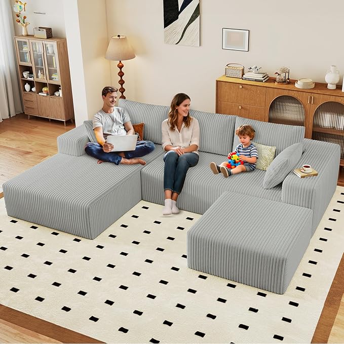 96" U-Shape Cloud Couch, Modern Modular Sectional L-Shape Sofa with Ottoman, Corduroy Upholstered Couches Deep Seat Chaise Longue for Living Room, No Assembly Required(Light Gray, Left Facing)