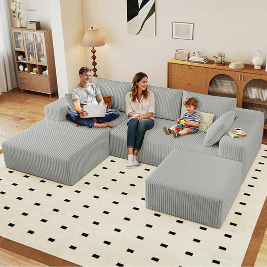 96" U-Shape Cloud Couch, Modern Modular Sectional L-Shape Sofa with Ottoman, Corduroy Upholstered Couches Deep Seat Chaise Longue for Living Room, No Assembly Required(Light Gray, Left Facing)