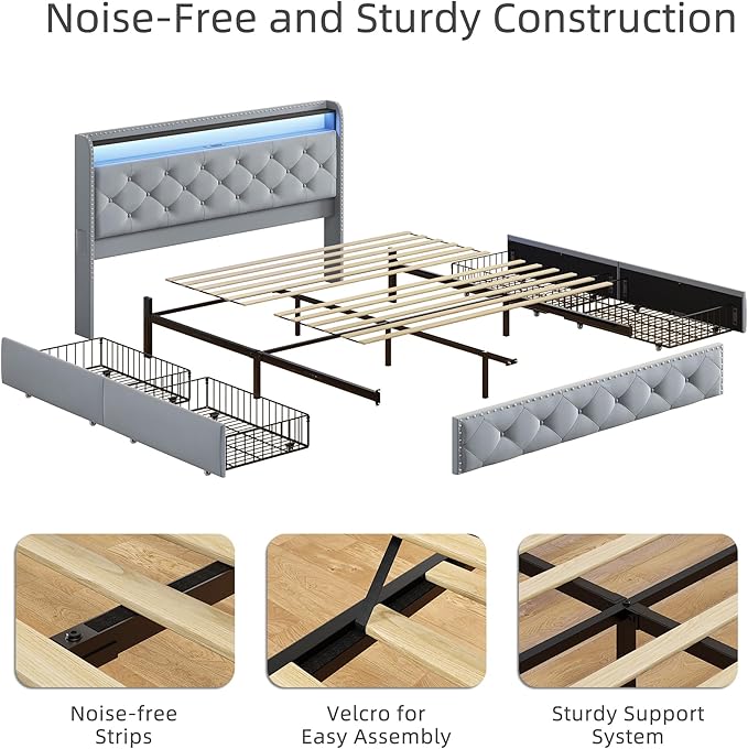 BRELTAM Bed Frame Queen Size with 4 Storage Drawers Upholstered Velvet Bed Frame with LED and Charging Station,Platform Bed Frame with Headboard Heavy Duty Wood Slats,Noise Free,Bluish Grey