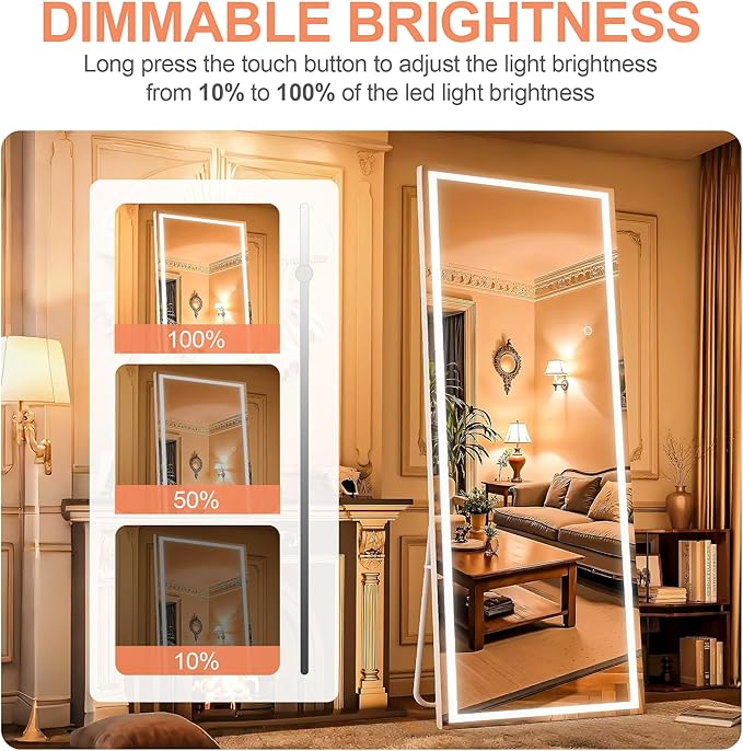 Full Length Mirror with Lights, 56" x 16" LED Lighted Floor Standing Mirror, Tempered Glass, Square White