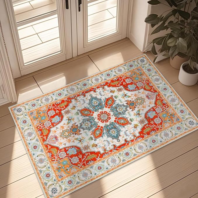 WILLSUN Washable Area Rugs, 2x3 Non-Slip Boho Small Area Rugs for Entryway, Kitchen, Bathroom, Machine Washable Vintage Rug, Indoor Floral Print Carpet for Home Decor, Kid & Pet Friendly Mat
