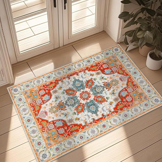 WILLSUN Washable Area Rugs, 2x3 Non-Slip Boho Small Area Rugs for Entryway, Kitchen, Bathroom, Machine Washable Vintage Rug, Indoor Floral Print Carpet for Home Decor, Kid & Pet Friendly Mat