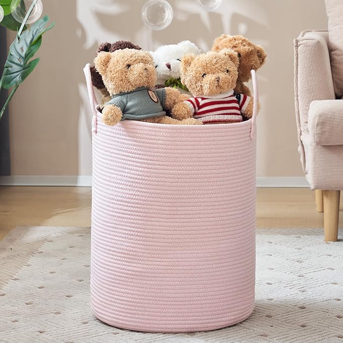 YOUDENOVA Woven Rope Laundry Hamper, 58L Tall Luandry Basket, Baby Nursery Hamper for Blanket Storage in Bedroom-Large-Pink