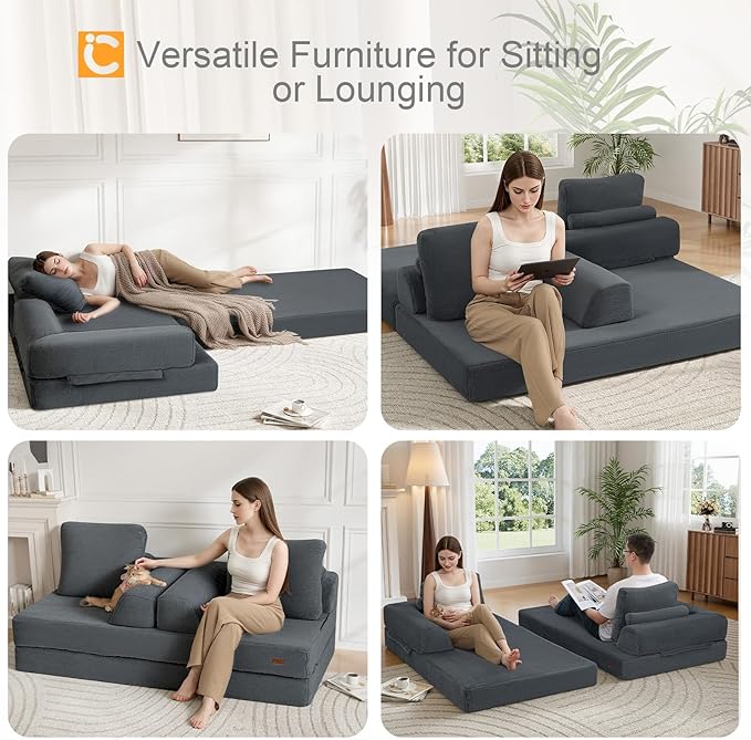 COMAX Convertible Sofa Bed, Folding Floor Couch Fold Out Couch Bed Futon Sleeper Mattress with Pillows, Boneless Sofa Comfy Lounge Loveseat for Living Room Bedroom, Faux Fur Dark Grey