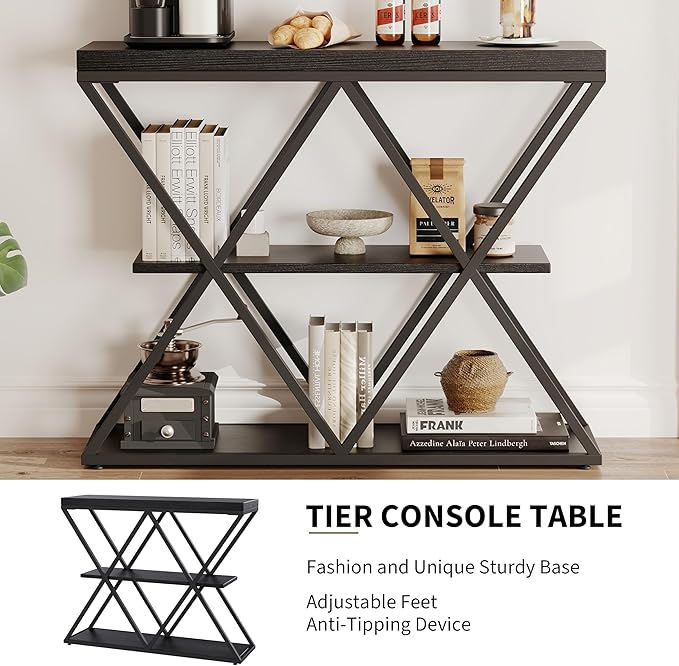 Garvee 3-Tier Entryway Table, Industrial Console Sofa Table with Storage, Accent Table with Open Shelves, X-Shaped Metal Frame, Foyer Table for Entryway, Hallway, Black