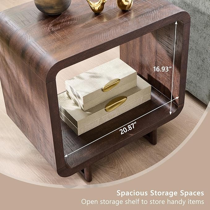 23.6" Modern End Table, 2 Tier Side Table with Charging Station, Simple Bedside Table with Open Storage Shelf, Outlet, Wooden Nightstand for Bedroom, Living Room, Study, Easy Assembly, Brown