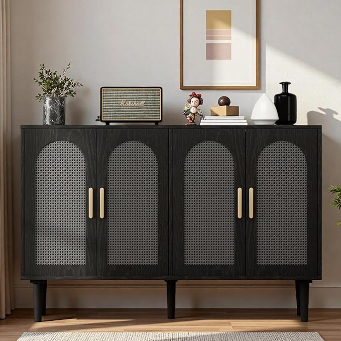4-Door Rattan Sideboard Buffet Cabinet, 47" Large Storage Cabinet with Shleves, Wood Modern Accent Credenza Kitchen Table for Dining Room, Living Room & Entryway, Black & Grey