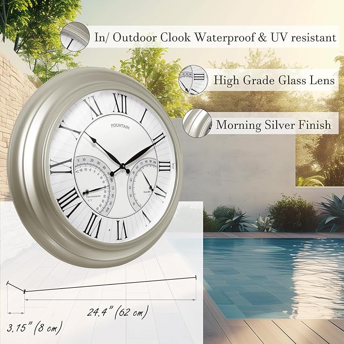 24 Inch Outdoor Clocks Waterproof, Self-Illuminated Large Outdoor Clock with Thermometer and Hygrometer Combo for Patio,Pool and Garden Decor,Roman Numeral,Morning Silver