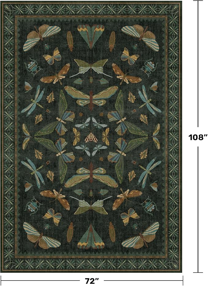 6x9 Dark Green Area Rugs for Dining Room - Rugs for Living Room, Bedroom Under Bed, Insect Moth Floral Non Slip Low Pile Floor Carpet