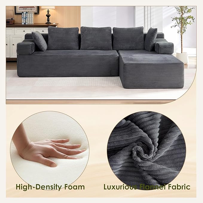 105" L-Shaped Modular Sectional Sofa with L-Shaped Boneless Couch, Cloud Couches for Living Room with Removable Arms, Convert Left/Right Facing, Plush Corduroy, No Assembly, Grey