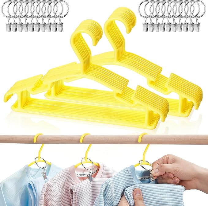 Baby Hangers with Metal Ring Clips, Children Plastic Hanger for Kids Pants Clothes Closet, 20 Pack, Yellow
