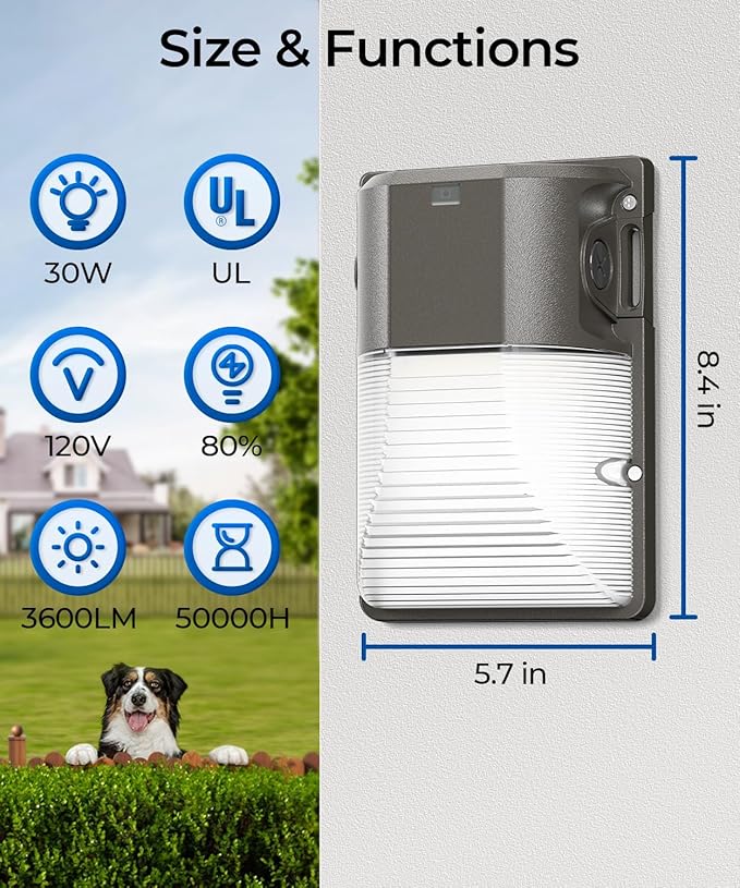 CINOTON 30W LED Wall Pack Light with Dusk to Dawn Sensor, 3600LM, 5000K Daylight [120Vac] Outdoor Wall Lights IP65 Waterproof LED Security Flood Lighting for Garage Warehouse Garden UL-Listed 4 Pack