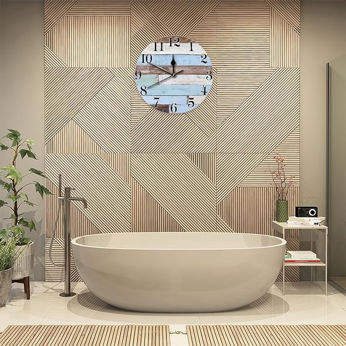 Rustic Coastal Country Wooden Wall Clock Battery Operated 10 in Round Wall Clocks Slilent Non Ticking Quartz Analog Clock for Bedroom Kids Living Room Classroom Decor
