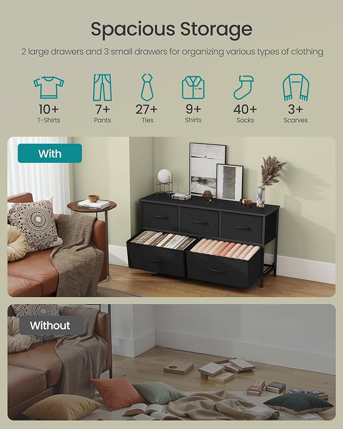 SONGMICS Dresser for Bedroom, Chest of Drawers, TV Stand, Steel, MDF, 5 Non-Woven Fabric Drawers, Storage Organizer Unit, Closet, Entryway, Ink Black and Ebony Black ULGS322B01S