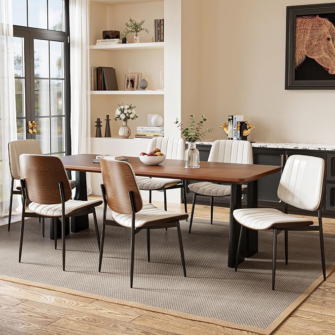 Modern Green Leather Dining Chair Set of 6, Bentwood Backrest & Black Metal Frame Ergonomic Comfort, Sustainable Style, Multi-Space Versatile, Beige