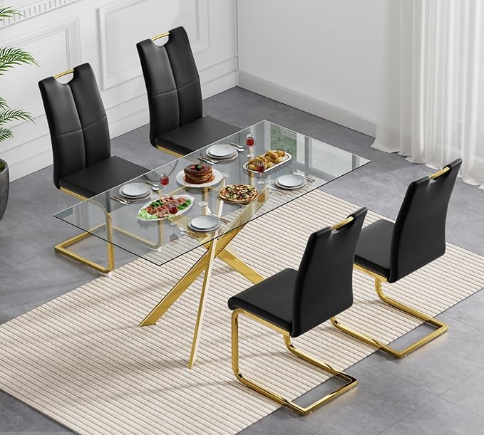 Goujxcy Gold Dining Table Set for 4, Glass Kitchen Table with Chair Set, Modern 51" Rectangle Glass Dining Table and 4 Black PU Leather Chairs with Metal Frame for Kitchen Dining Room
