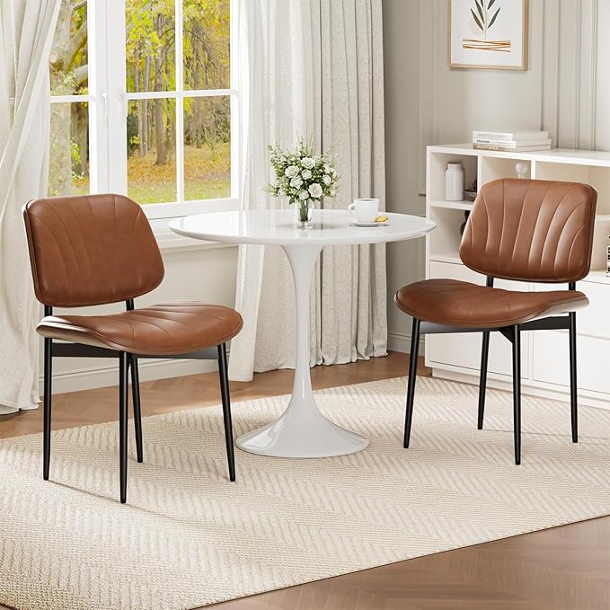 Dining Chairs Set of 2, Mid-Century Modern Upholstered PU Leather Chairs with Walnut Bentwood Back and Metal Legs Adjustable Feet for Kitchen Dining Room, Camel Shell Strips
