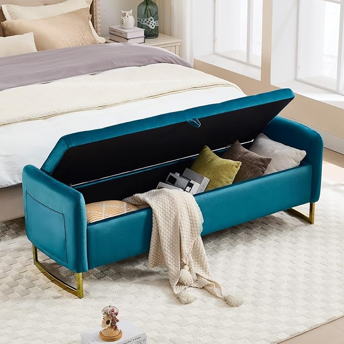 65" Storage Ottoman Bench, End of Bed Storage Bench King Size with Tufted Button Upholstered and Gold Legs, Bedroom Benches with Armrests for Living Room Window, Vintage Green