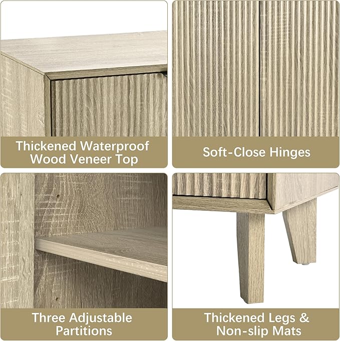 Fluted Cabinet with Storage, Buffet Storage with 4 Doors, Buffet Sideborad Accent Cabinet with Adjustable Shelves for Living Room, Kitchen, Entry, Hallway, Natural