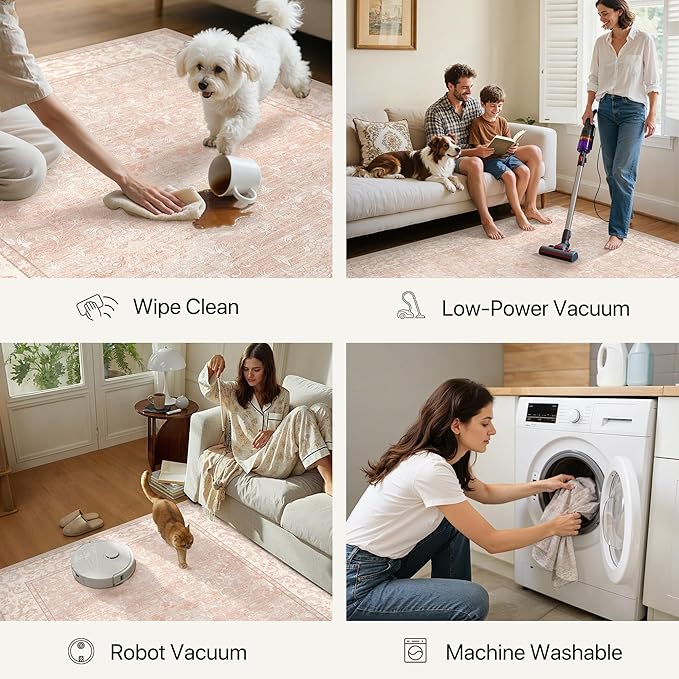 GENIMO 8x10 Washable Area Rug, Non-Slip Vintage Boho Floral Carpet, Soft Low-Pile Thin Living Room Rug for Bedroom, Dining Room, Nursery, Pink White