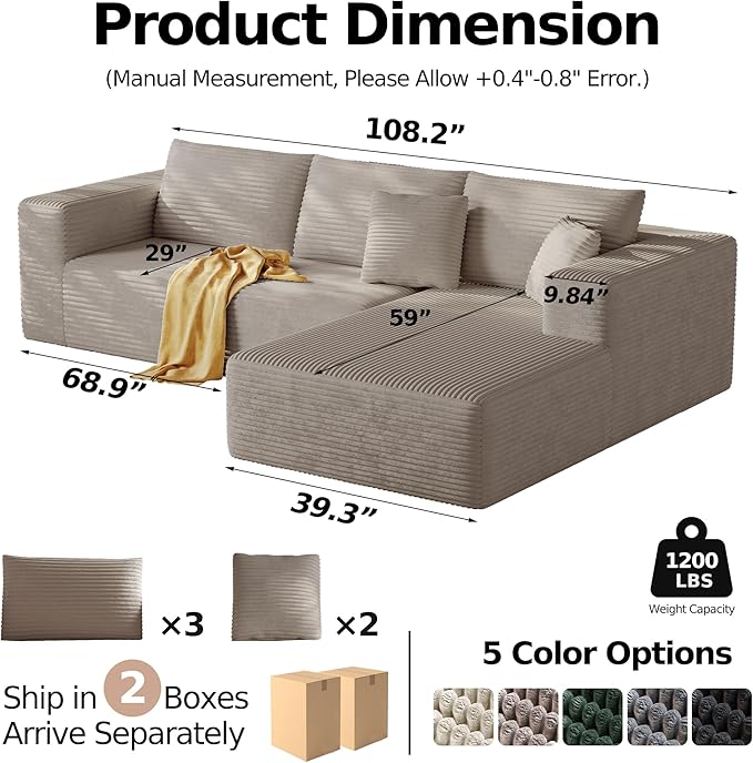 108'' Modular Sectional L-Shaped with Chair,Deep Seat Boneless Corner Couch for Living Room,Plush Corduroy Couch with Detachable Sofa Set,No Assembly(Right Facing Chaise,Camel)