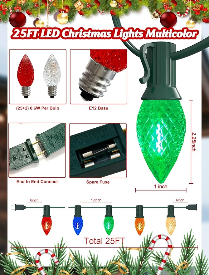 C7 LED Christmas Lights Outdoor,25FT Multicolor C7 Christmas Light with 27 0.6w Diamond Bulb Fit E12 Base,Xmas Lights Outdoor for House, Yard, Garden, Christmas Tree Decoration, Green Wire