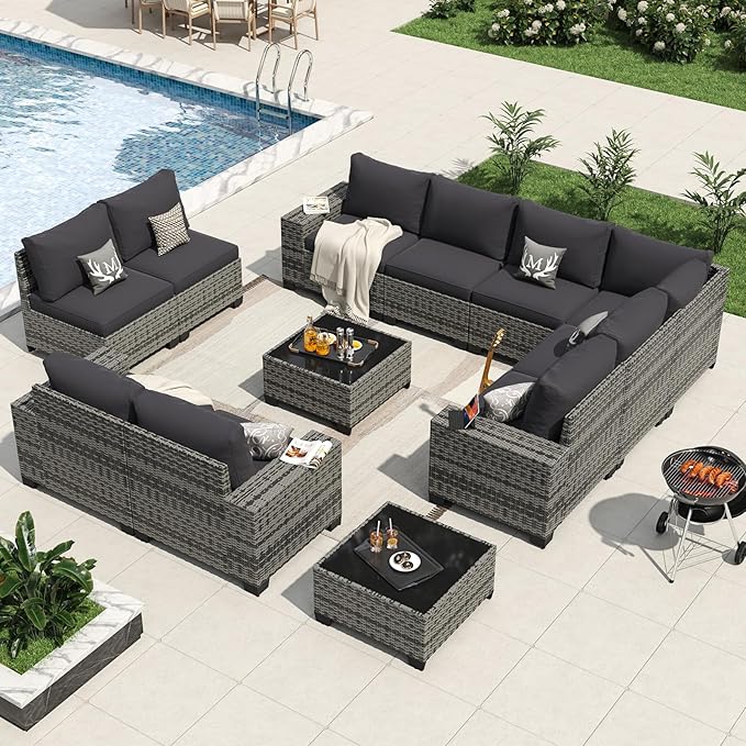 Aoxun 12 Pieces Patio Furniture Set Wicker Rattan Outdoor Sectional Conversation Set with Coffee Table and 4” Thickened Cushions, Gray Black (Waterproof Cover Included)