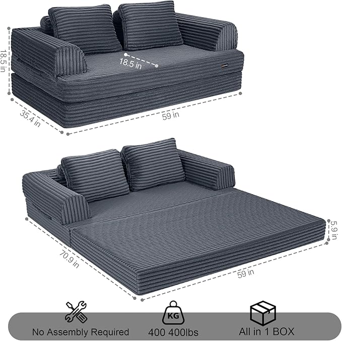 COMAX Convertible Sofa Bed, Folding Floor Couch Corduroy Fold Out Couch Bed Futon Sleeper Mattress with Pillows, Boneless Sofa Comfy Lounge Loveseat for Living Room Bedroom, Plush Grey