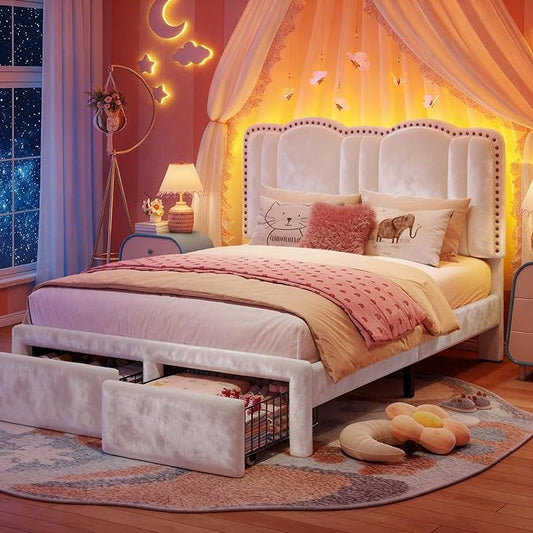 EnHomee Full Size Bed Frame with LED, Velvet Upholstered Headboard and 2 Drawers, Platform Bed Frame with Height Adjustable Headboard, Strong Support, No Box Spring Needed, Easy Assembly, Cream