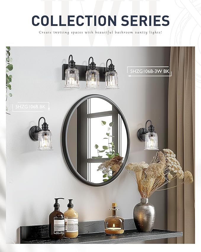 Black Wall Sconces, HWH Rustic Industrial Wall Lamps, 1-Light Sconces Wall Lighting with Bell-Shaped Clear Glass, Bathroom Vanity Light Fixture for Bedroom Living Room Kitchen, 5HZG106B BK